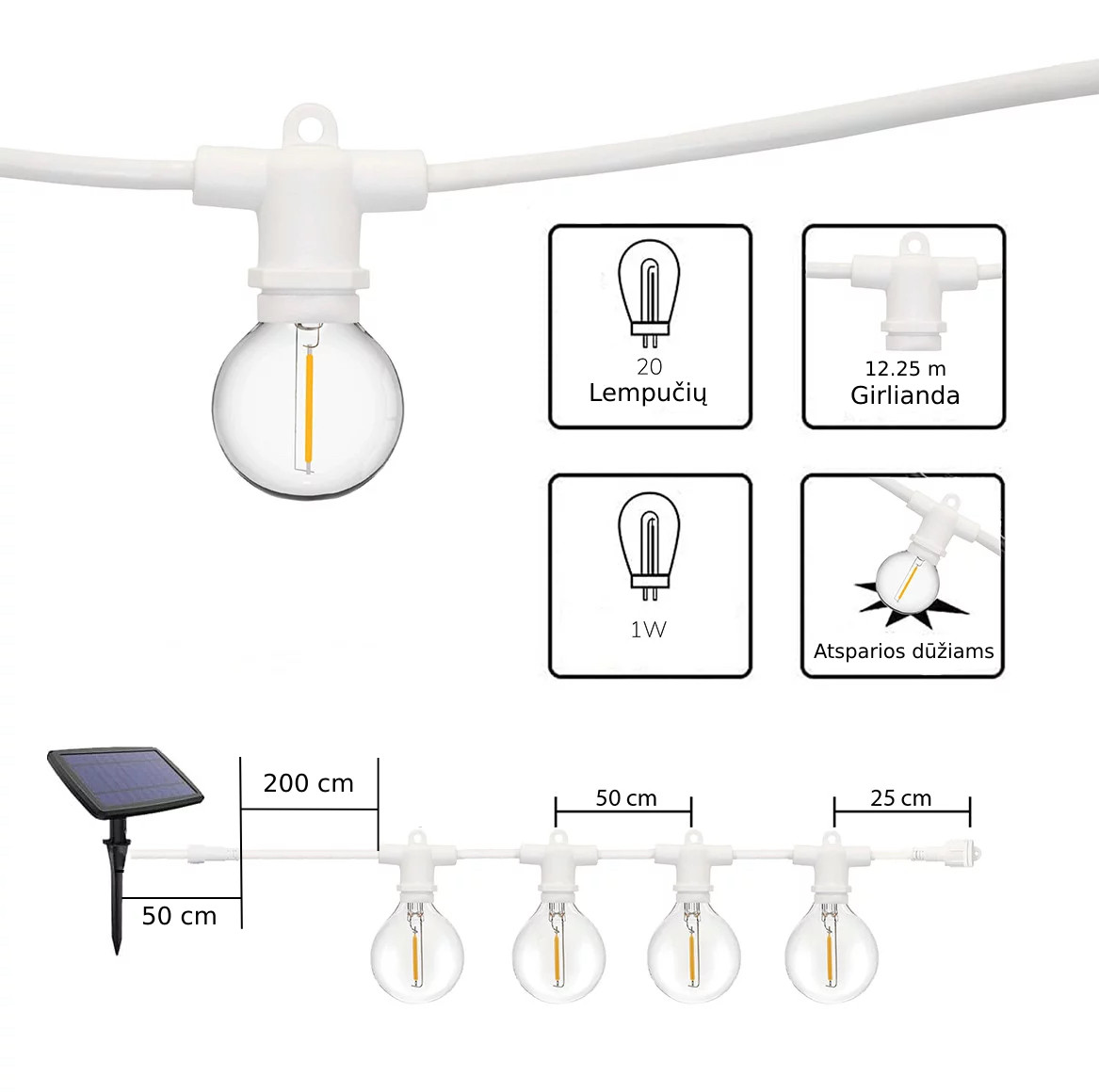 Lauko girlianda su saulės baterija (LED) Perl Balta