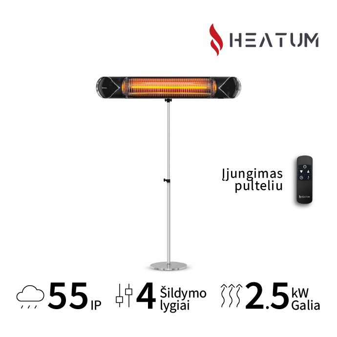 Pastatomas Infraraudonųjų spindulių šildytuvas Heatum H2500R CORE BLACK su vienkoju stovu