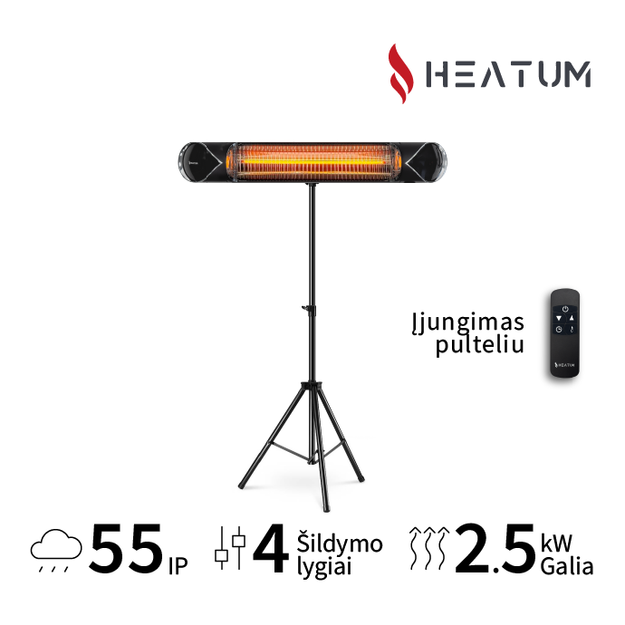 Pastatomas Infraraudonųjų spindulių šildytuvas Heatum H2500R CORE BLACK su trikoju stovu