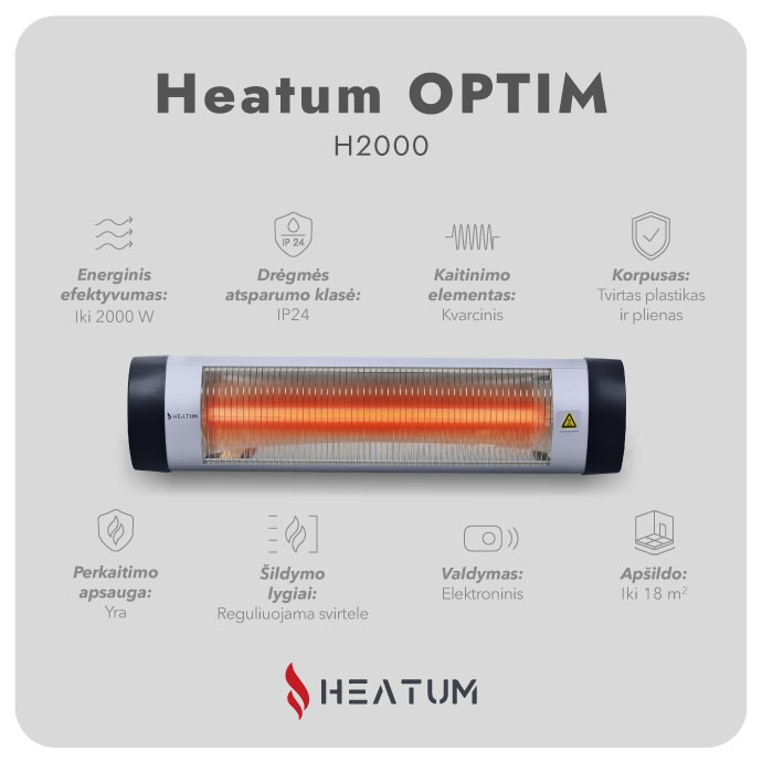 Pastatomas Infraraudonųjų spindulių šildytuvas Heatum H2000 OPTIM su vienkoju stovu