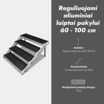 Reguliuojami aliuminiai laiptai pakylai 60 - 100 cm (4 pakopų) Reguliuojami aliuminiai laiptai pakylai 60 - 100 cm (4 pakopų)