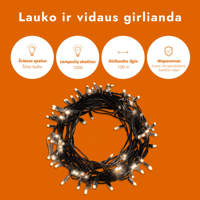 Lauko ir vidaus girlianda (LED lemputės) 50 m PROLED juoda