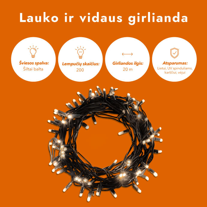 Lauko ir vidaus girlianda (LED lemputės) 20 m PROLED juoda