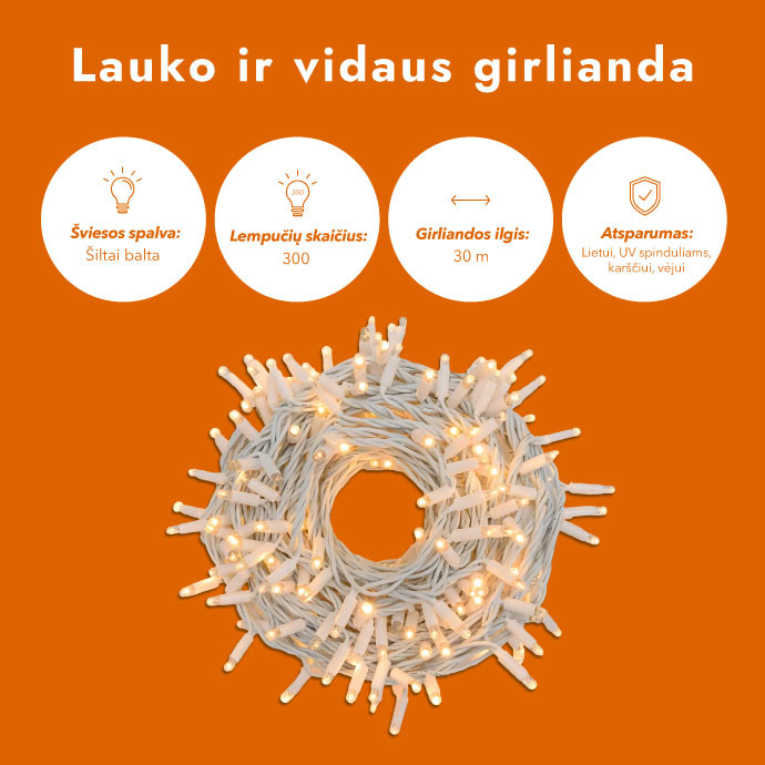 Lauko ir vidaus girlianda (LED lemputės) 30 m PROLED balta
