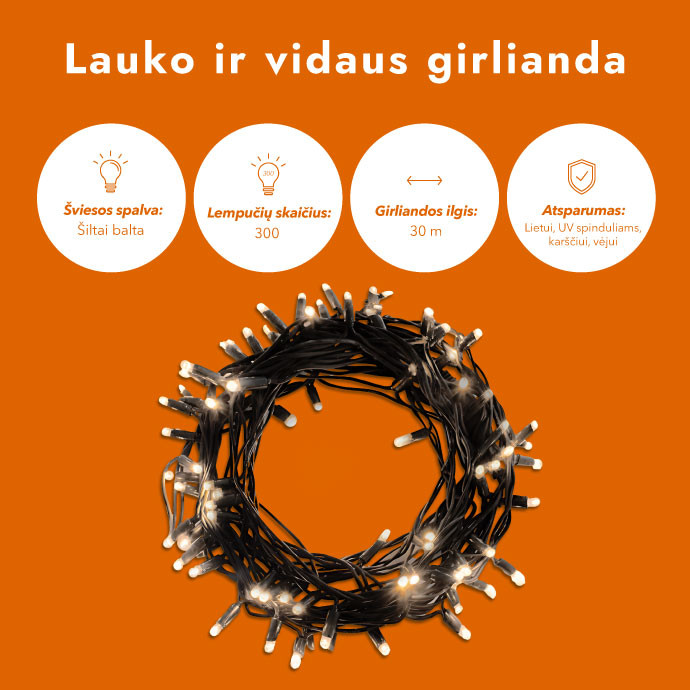 Lauko ir vidaus girlianda (LED lemputės) 30 m PROLED juoda