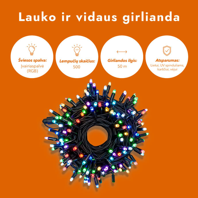 Lauko ir vidaus girlianda (LED lemputės) 50 m PROLED RGB