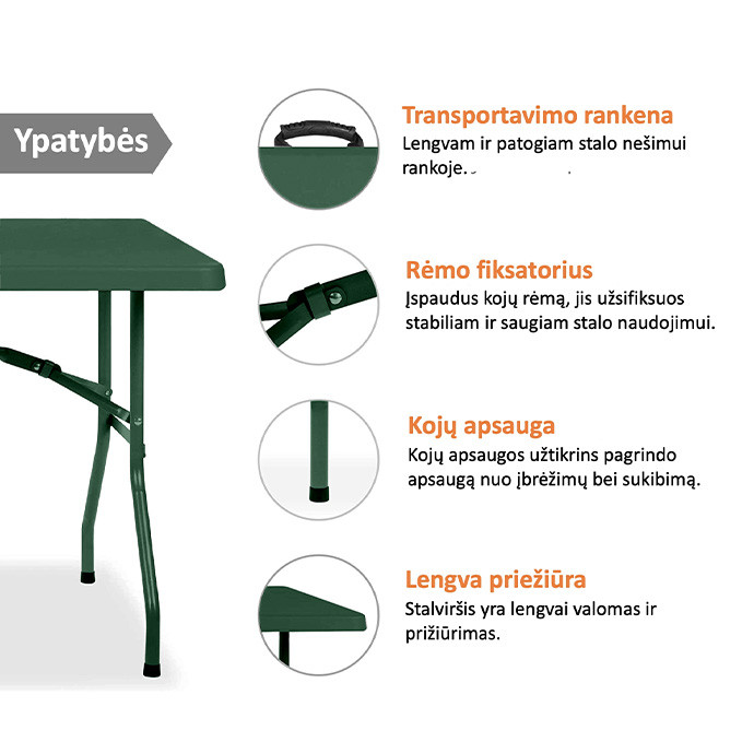 Sulankstomas stalas 150 cm. Žalias