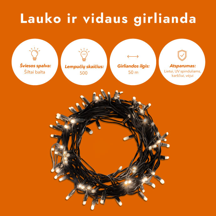 Lauko ir vidaus girlianda (LED lemputės) 50 m PROLED juoda