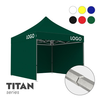 Reklaminė Palapinė 3x3 pasirinktos spalvos Zeltpro TITAN su 4 sienomis ir termo lipdukais (2 vnt.) ant stogo šonų