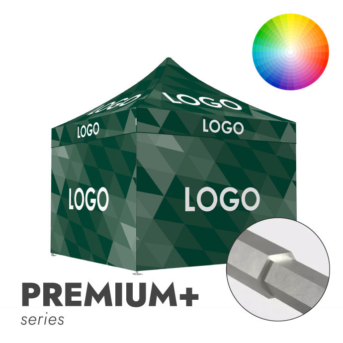 Reklaminė Palapinė 3x3 pasirinktos spalvos Zeltpro Premium+ su stogo bei 4 sienų spauda iš kairės pusės