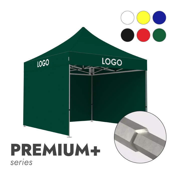 Reklaminė Palapinė 3x3 pasirinktos spalvos Zeltpro Premium+ su 4 sienomis ir termo lipdukais (4 vnt.) ant stogo šonų iš priekio