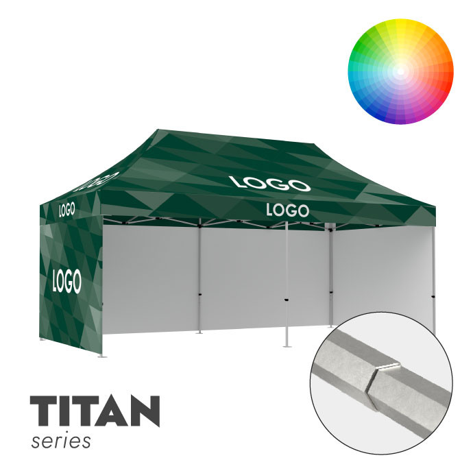 Reklaminė Palapinė 3x6 pasirinktos spalvos Zeltpro TITAN su stogo bei 3 sienų spauda iš priekio