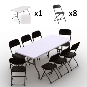Sulankstomų baldų komplektas: Stalas 180 baltas, 8 kėdės Europa juodos