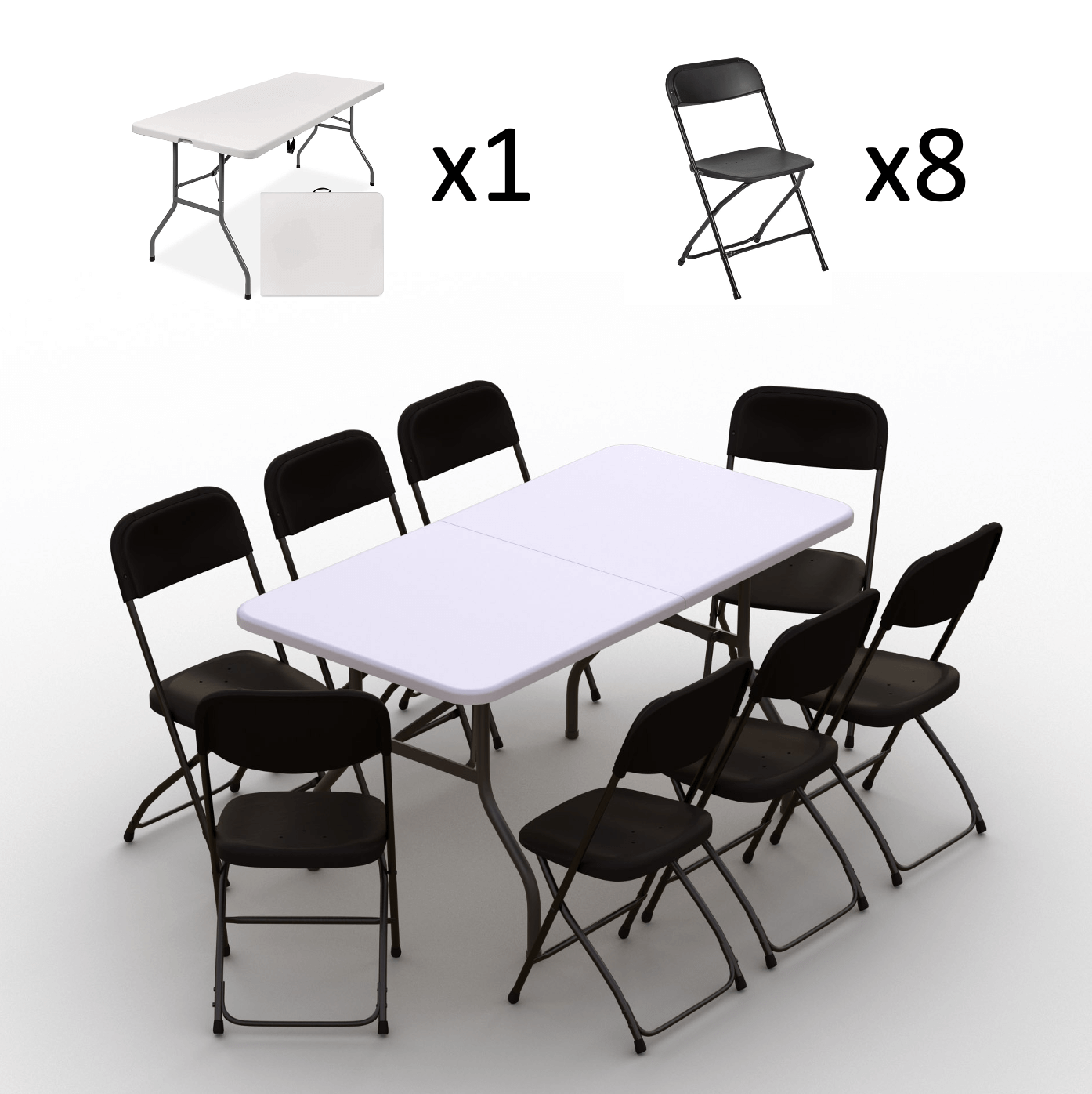 Sulankstomų baldų komplektas: Stalas 150 baltas, 8 kėdės Europa juodos