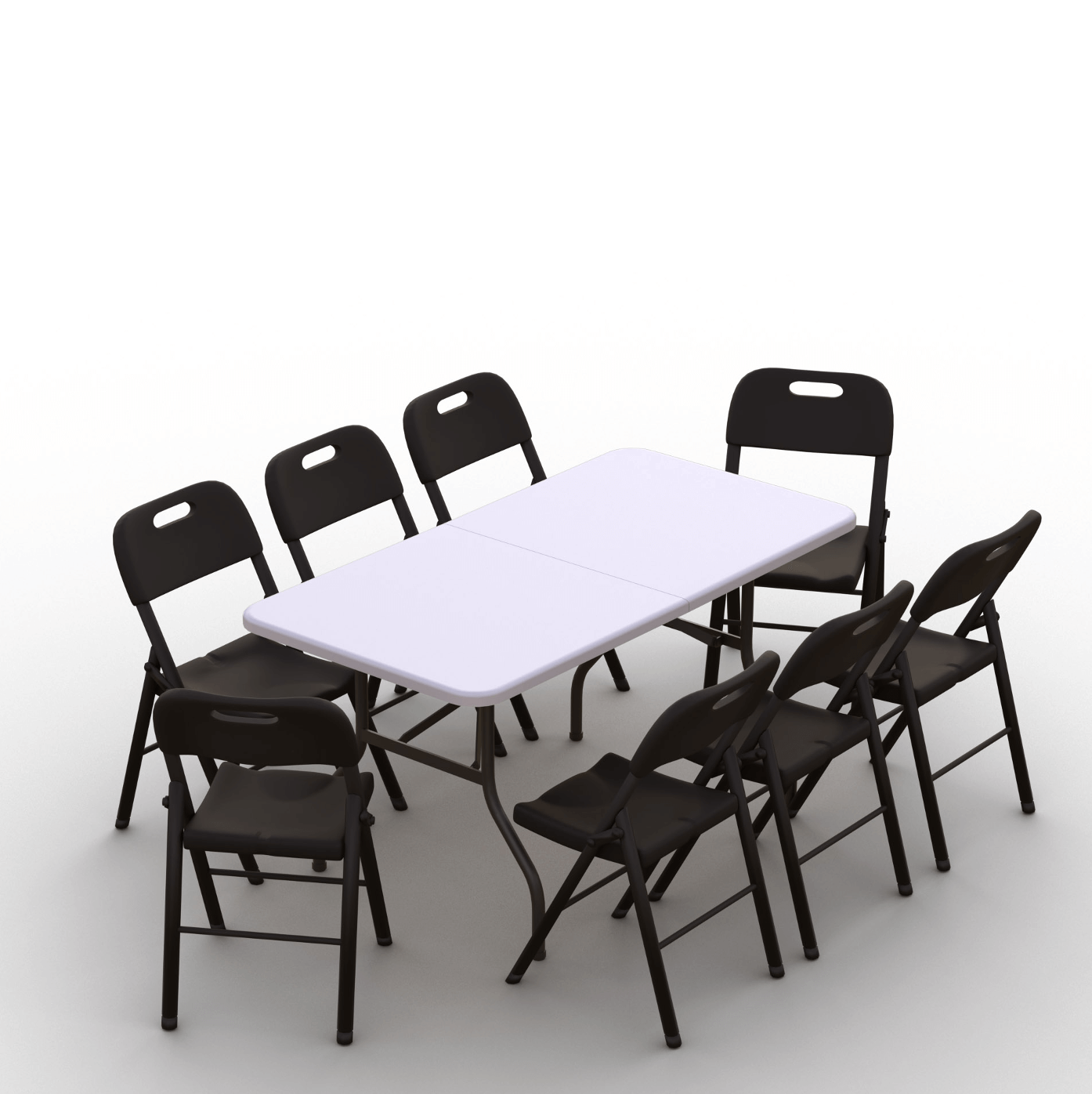 Sulankstomų baldų komplektas: Stalas 150 baltas, 8 kėdės Premium juodos