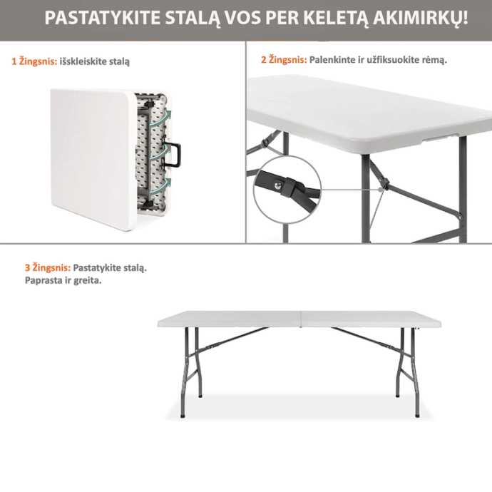 Sulankstomų baldų komplektas: Stalas 150 baltas, 8 kėdės Premium juodos