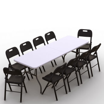 Sulankstomų baldų komplektas: Stalas 240 baltas, 10 kėdžių Premium juodų