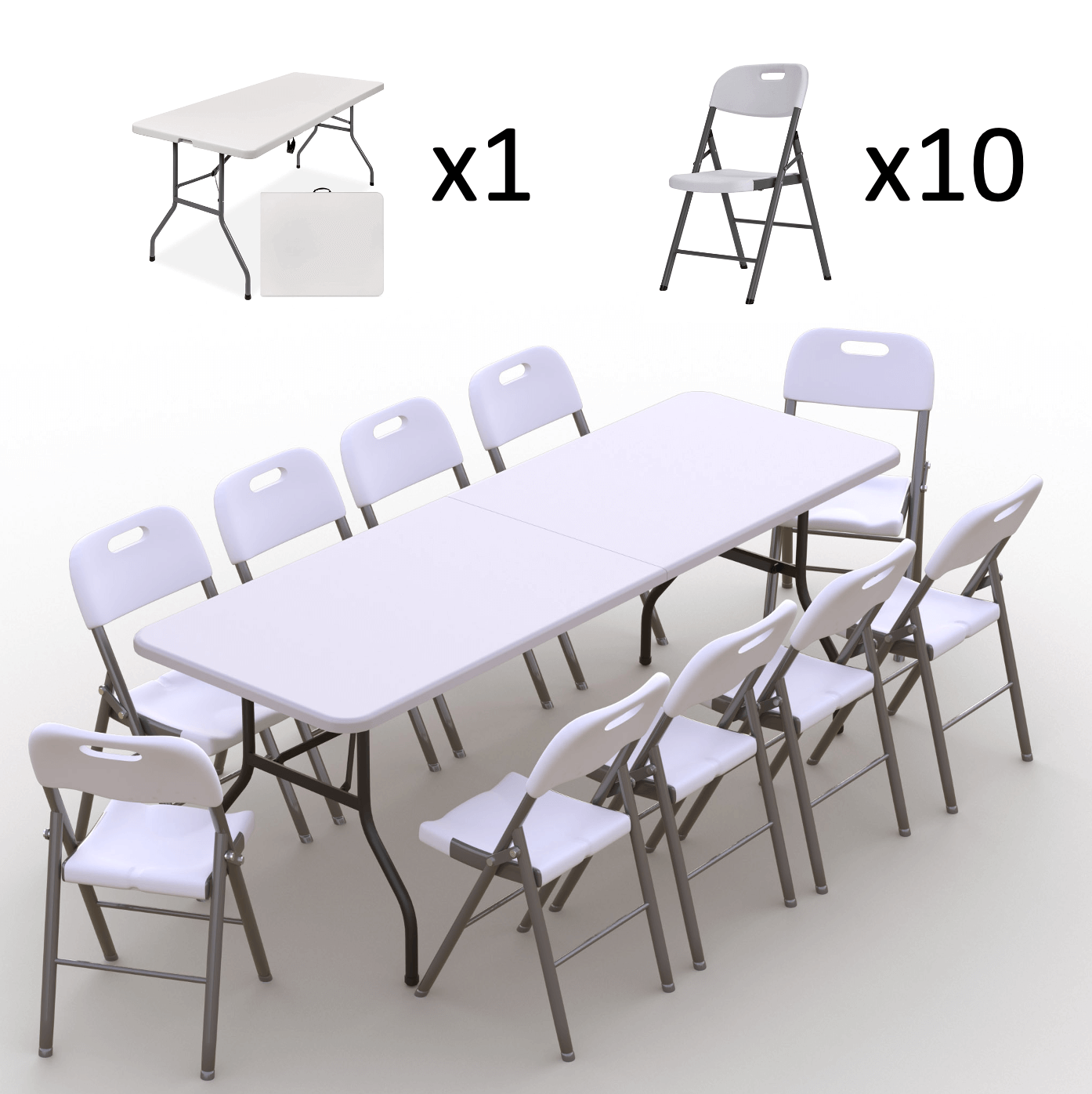 Sulankstomų baldų komplektas: Stalas 240 baltas, 10 kėdžių Premium baltų