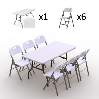 Sulankstomų baldų komplektas: Stalas 150 baltas, 6 kėdės Premium baltos