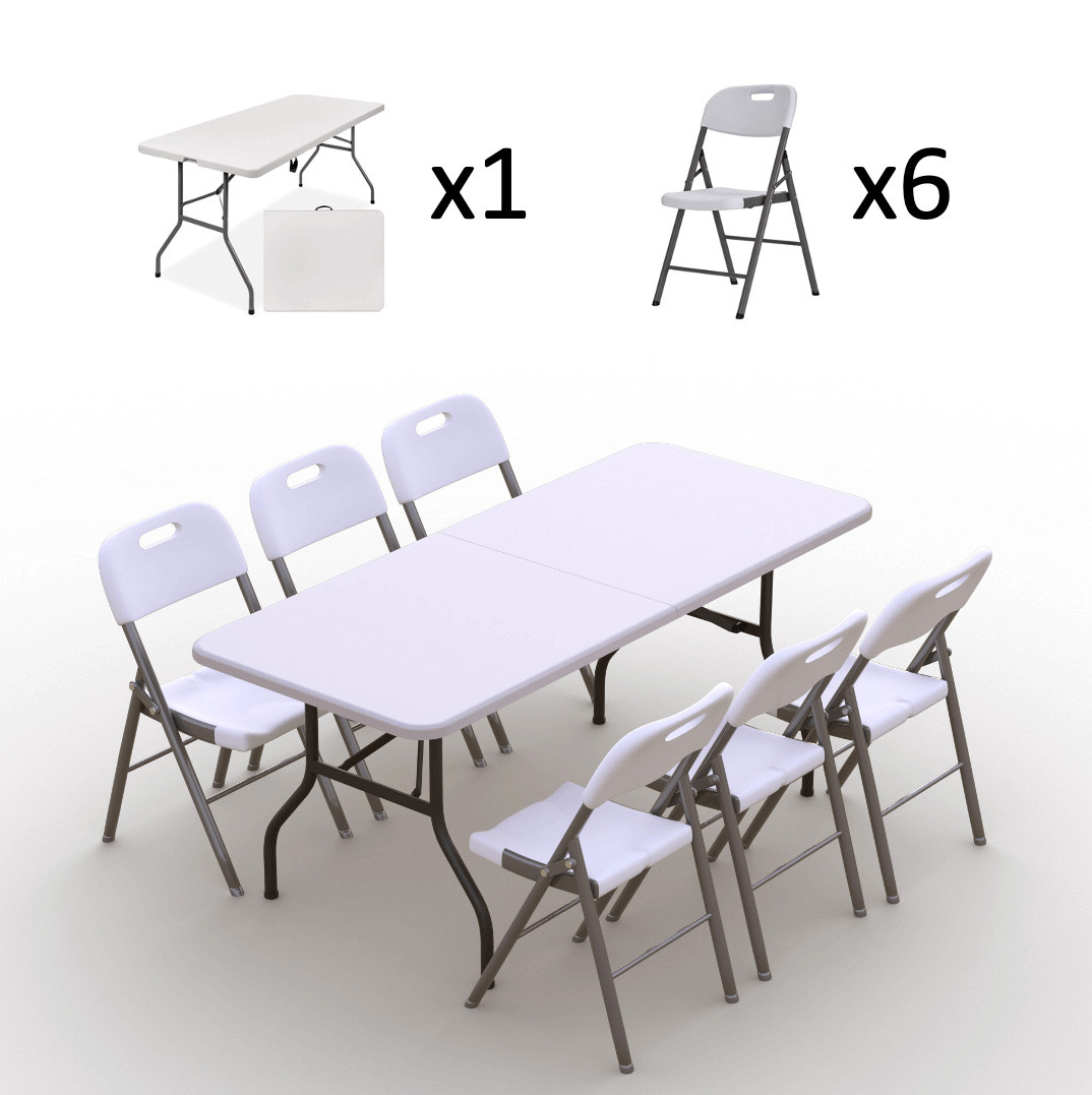 Sulankstomų baldų komplektas: Stalas 180 baltas, 6 kėdės Premium baltos