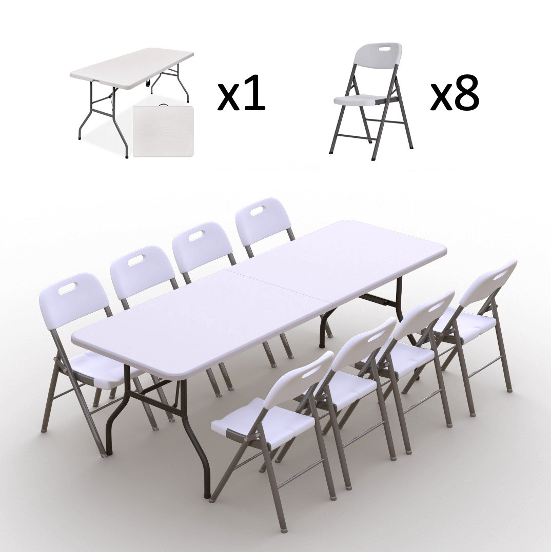 Sulankstomų baldų komplektas: Stalas 240 baltas, 8 kėdžių Premium baltų