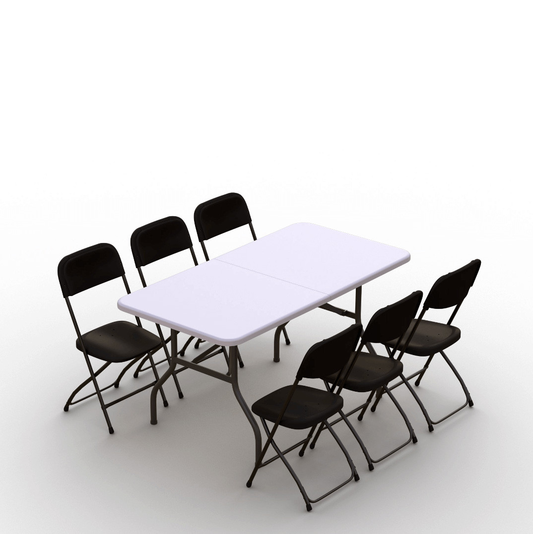 Sulankstomų baldų komplektas: Stalas 150 baltas, 6 kėdės Europa juodos