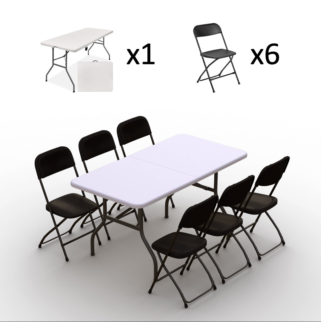 Sulankstomų baldų komplektas: Stalas 150 baltas, 6 kėdės Europa juodos