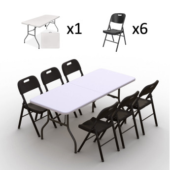 Sulankstomų baldų komplektas: Stalas 180 baltas, 6 kėdės Premium juodos