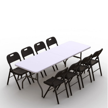 Sulankstomų baldų komplektas: Stalas 240 baltas, 8 kėdžių Premium juodų