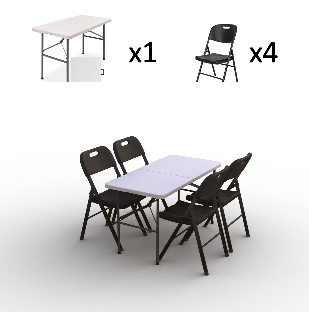Sulankstomų baldų komplektas: Stalas 120 baltas, 4 kėdės Premium juodos