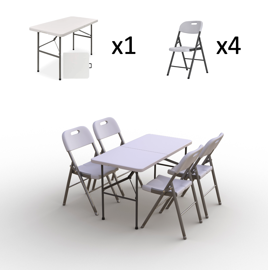 Sulankstomų baldų komplektas: Stalas 120 baltas, 4 kėdės Premium baltos