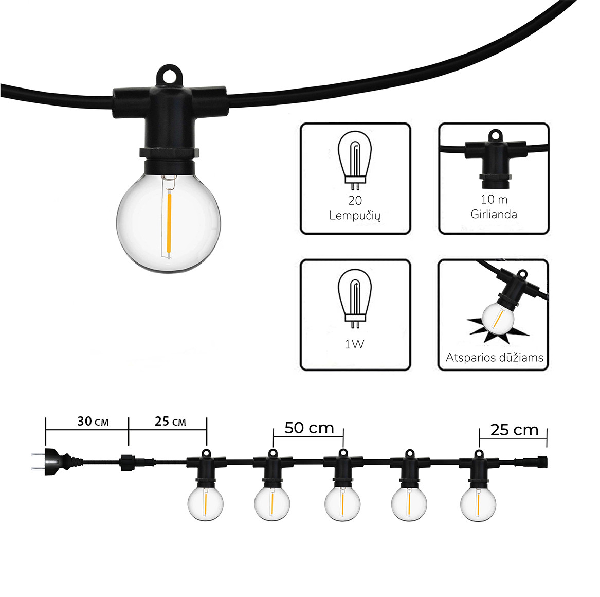 Lauko girlianda (LED lemputės) 50 m Perl juoda