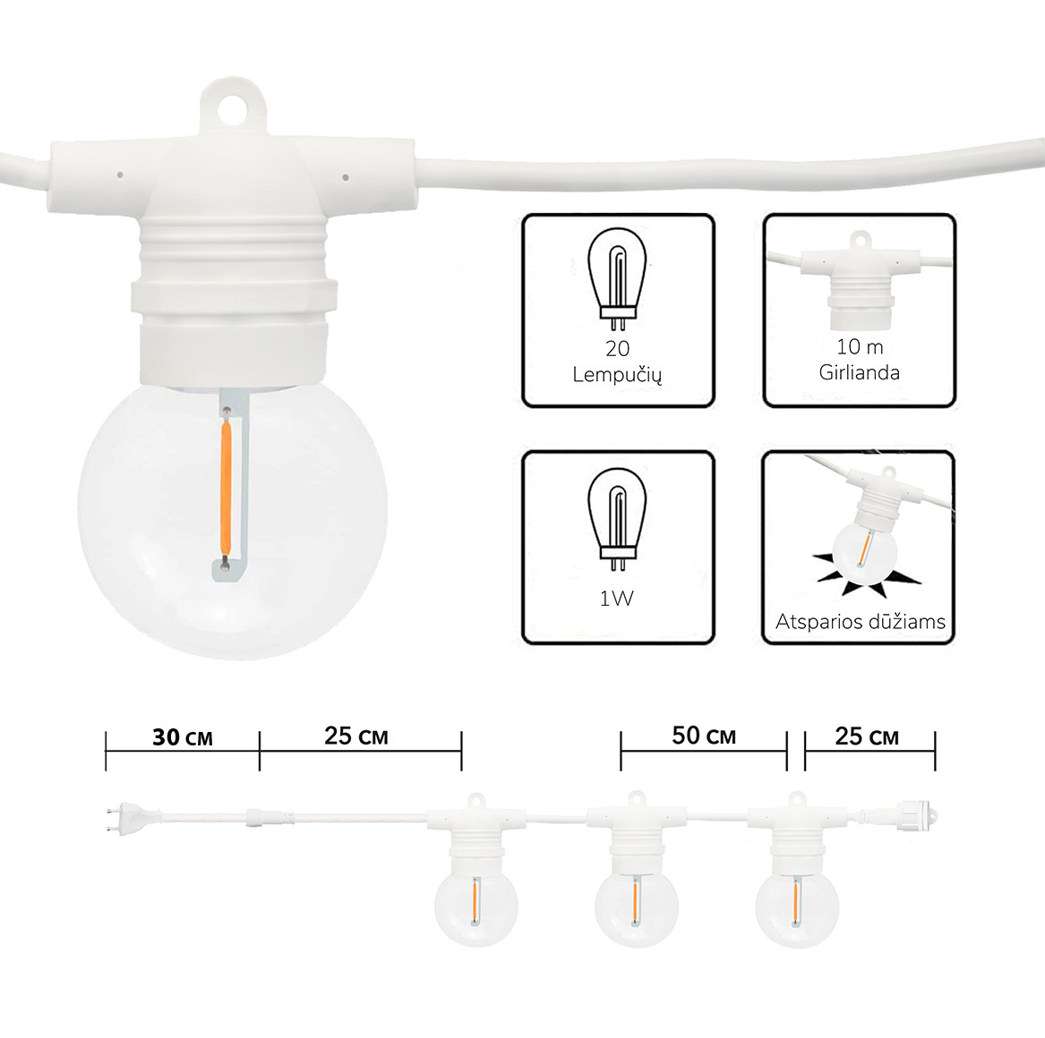 Lauko girlianda (LED lemputės) 30 m Glow balta